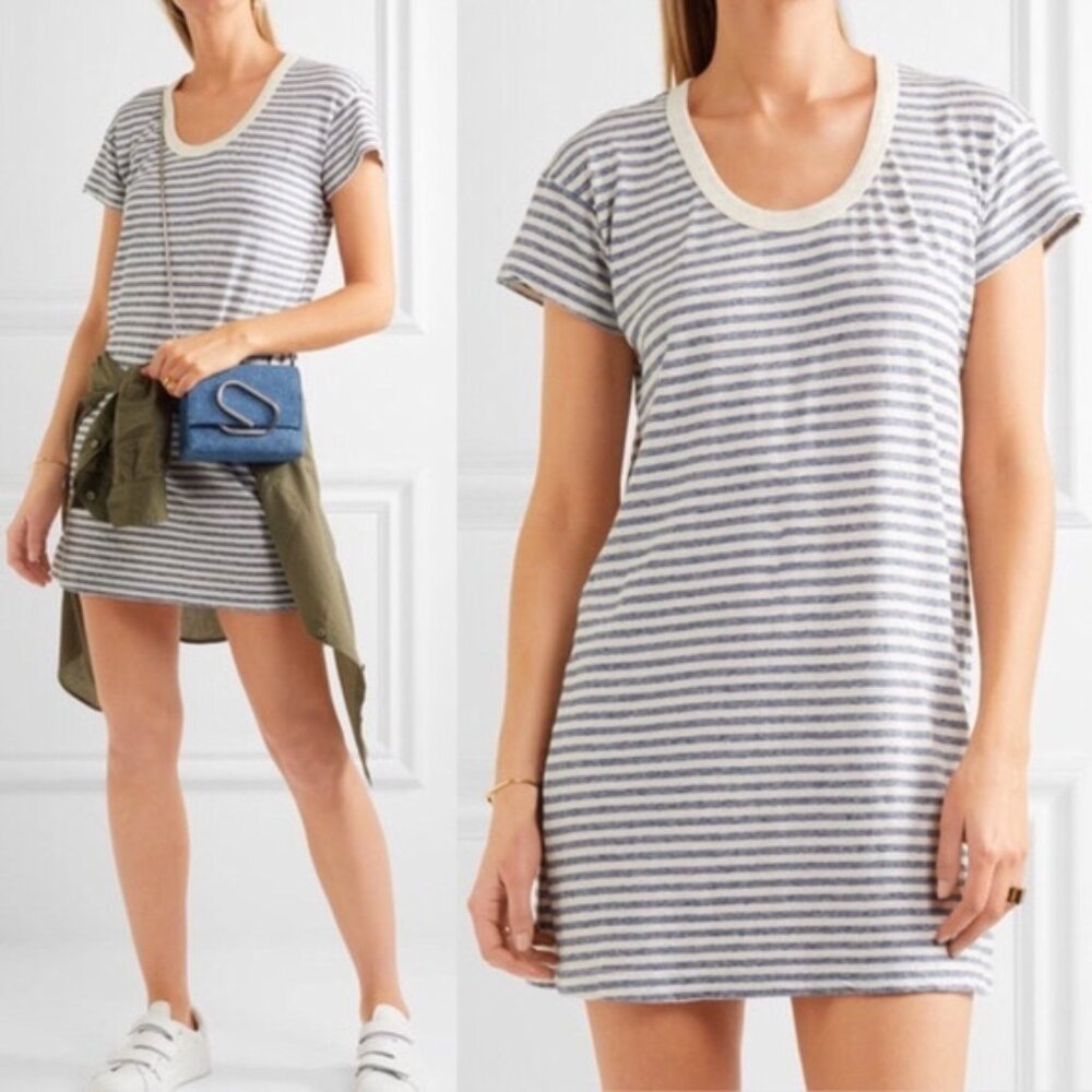 Current/Elliott The Slouchy T-Shirt Dress Size 0 (XS) Blue White Stripe Nautical